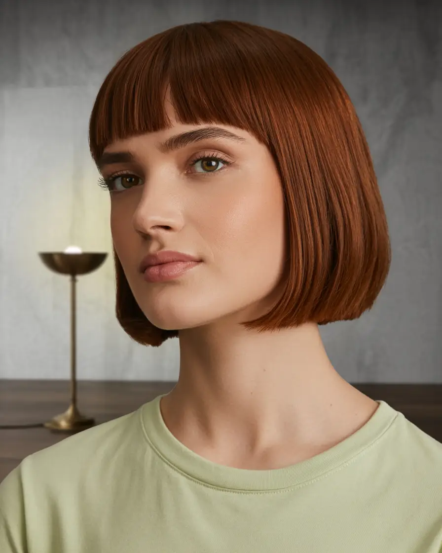 #9. Classic Cinnamon Blunt Bob with Micro Bangs