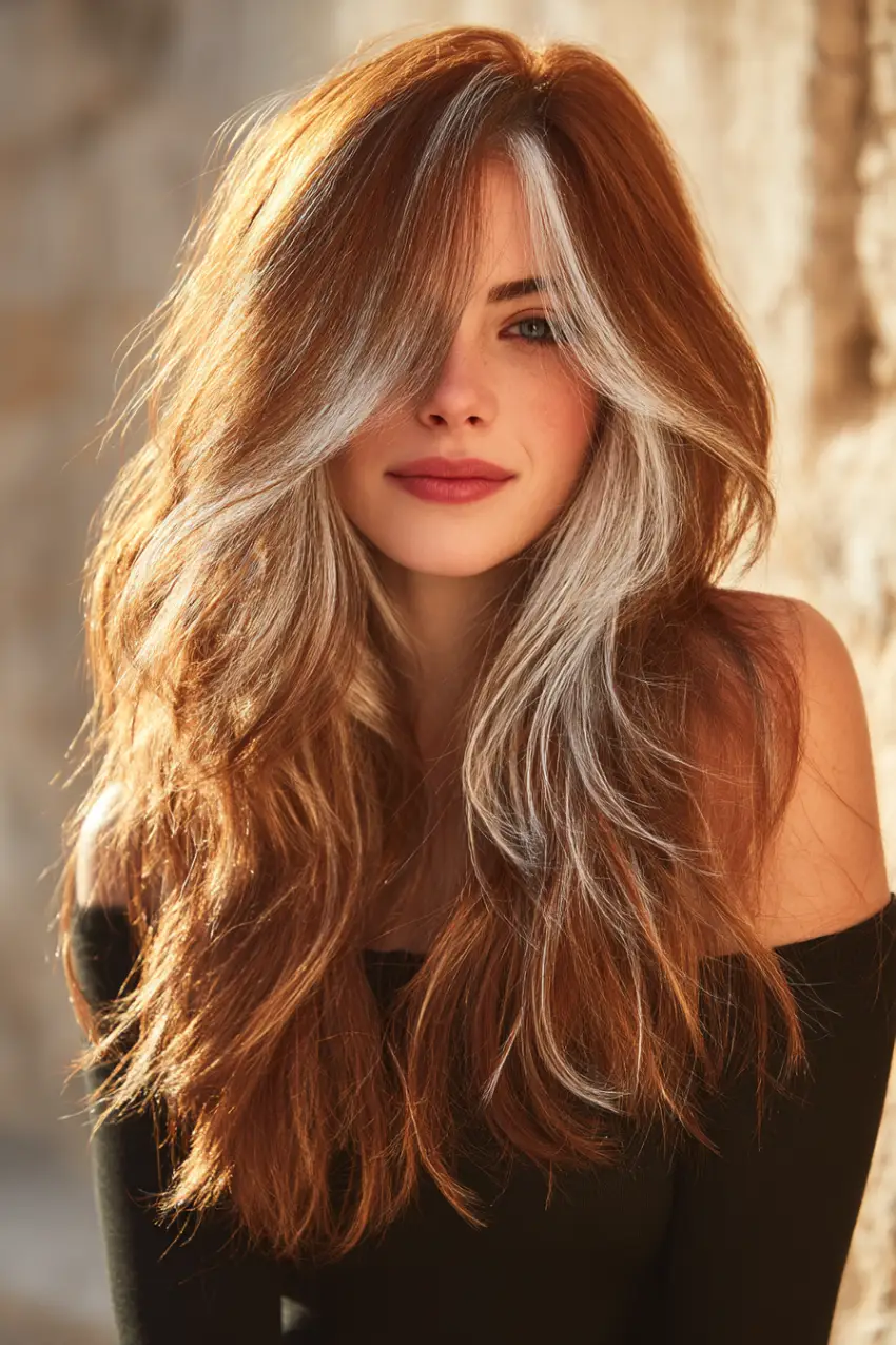 24 Striking Brown Hair with Silver Highlights Ideas: Sophisticated Looks to Refresh Your Style 10 #9. Copper Brown Layers with Bold Silver Face Frame