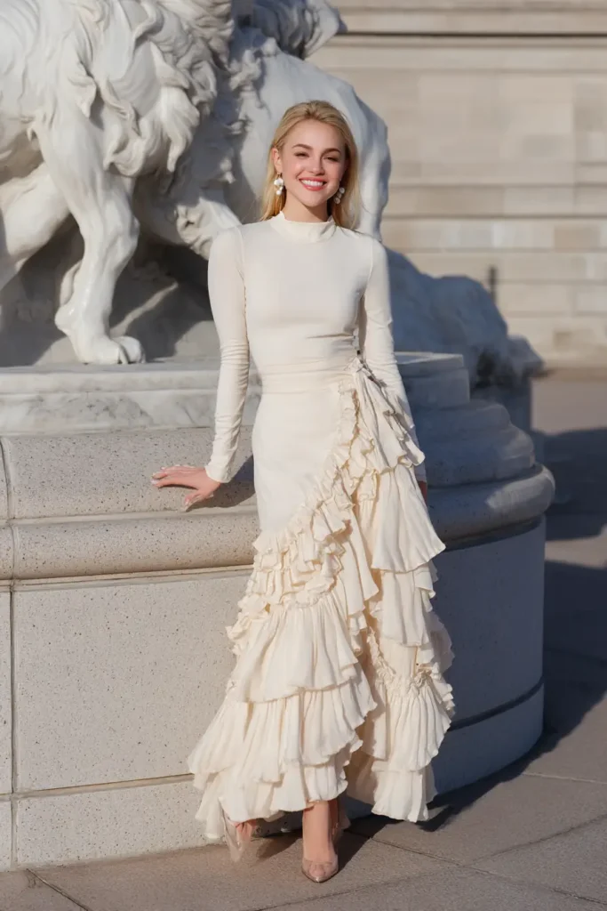 9. Cream Ruffle Tiered Maxi Dress with Long Sleeves