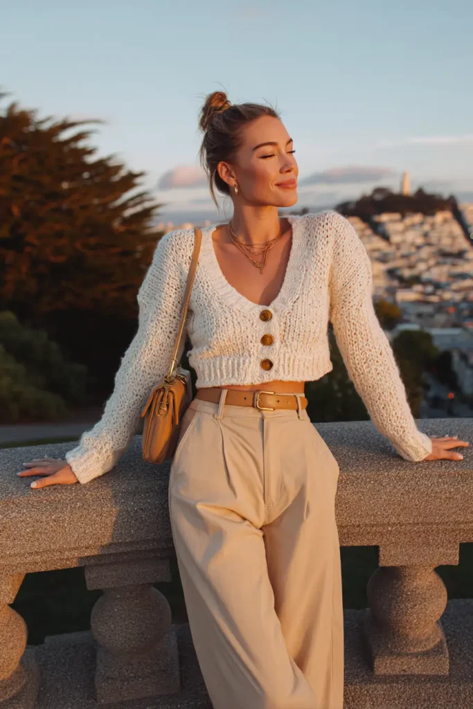 #9. Cropped Knit Cardigan with High-Waisted Pleated Trousers