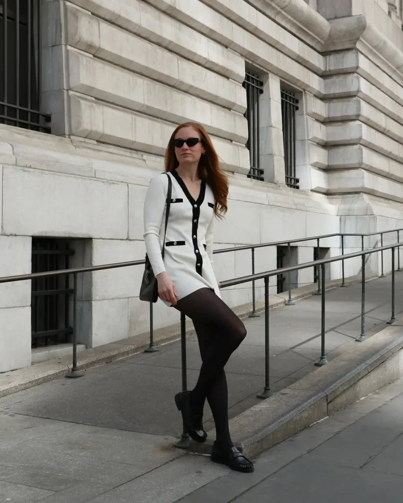 20 Preppy Outfit Ideas for a Polished Travel Wardrobe 10 #9. Monochrome Knit Dress – Sharp, Minimalist Prep for City Street Style