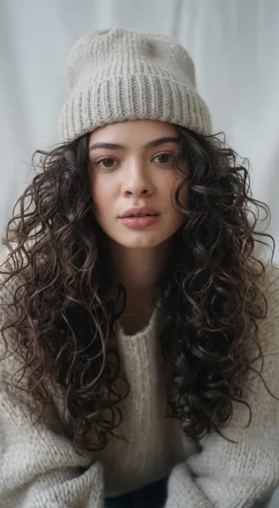 20 Chic Beanie Hairstyles: Fashionable Pairings for Cold-Weather Days 10 #9. Natural Ringlets with Soft Knit Beanie