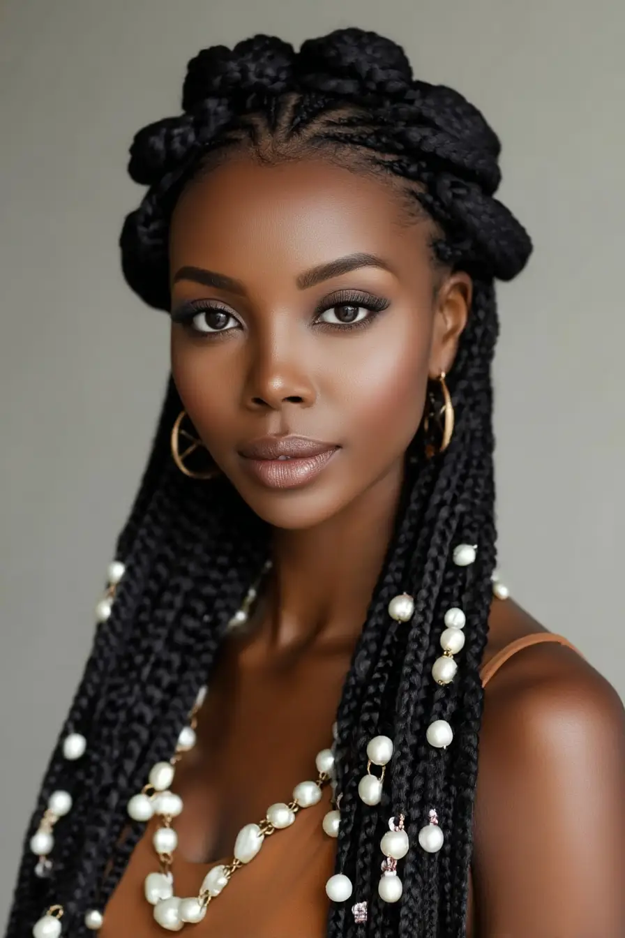 19 Stunning 4c Braided Hairstyles: Bold Looks That Celebrate Natural Texture 10 #9. Pearl-Adorned Braids with Twisted Crown