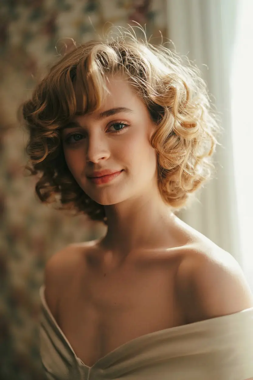 #9. Retro Curls with a Side-Swept Fringe