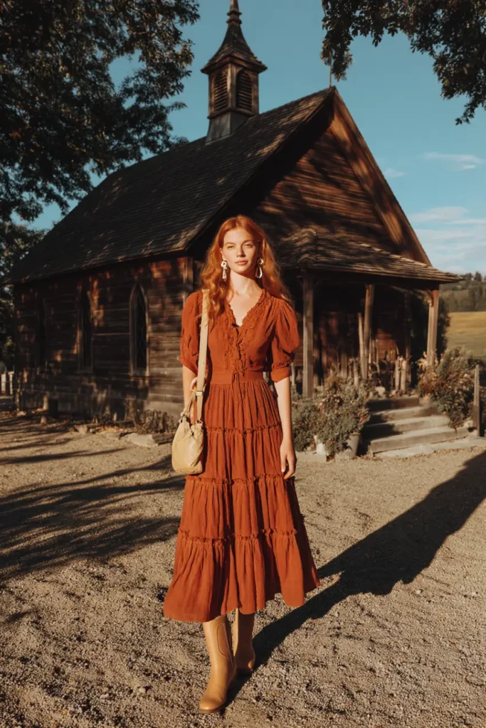 20 Graceful Church Outfit Ideas: Chic and Respectful Styles to Inspire 10 #9. Rust Tiered Midi with Western Boots – Prairie-Inspired Grace for Country Church Days