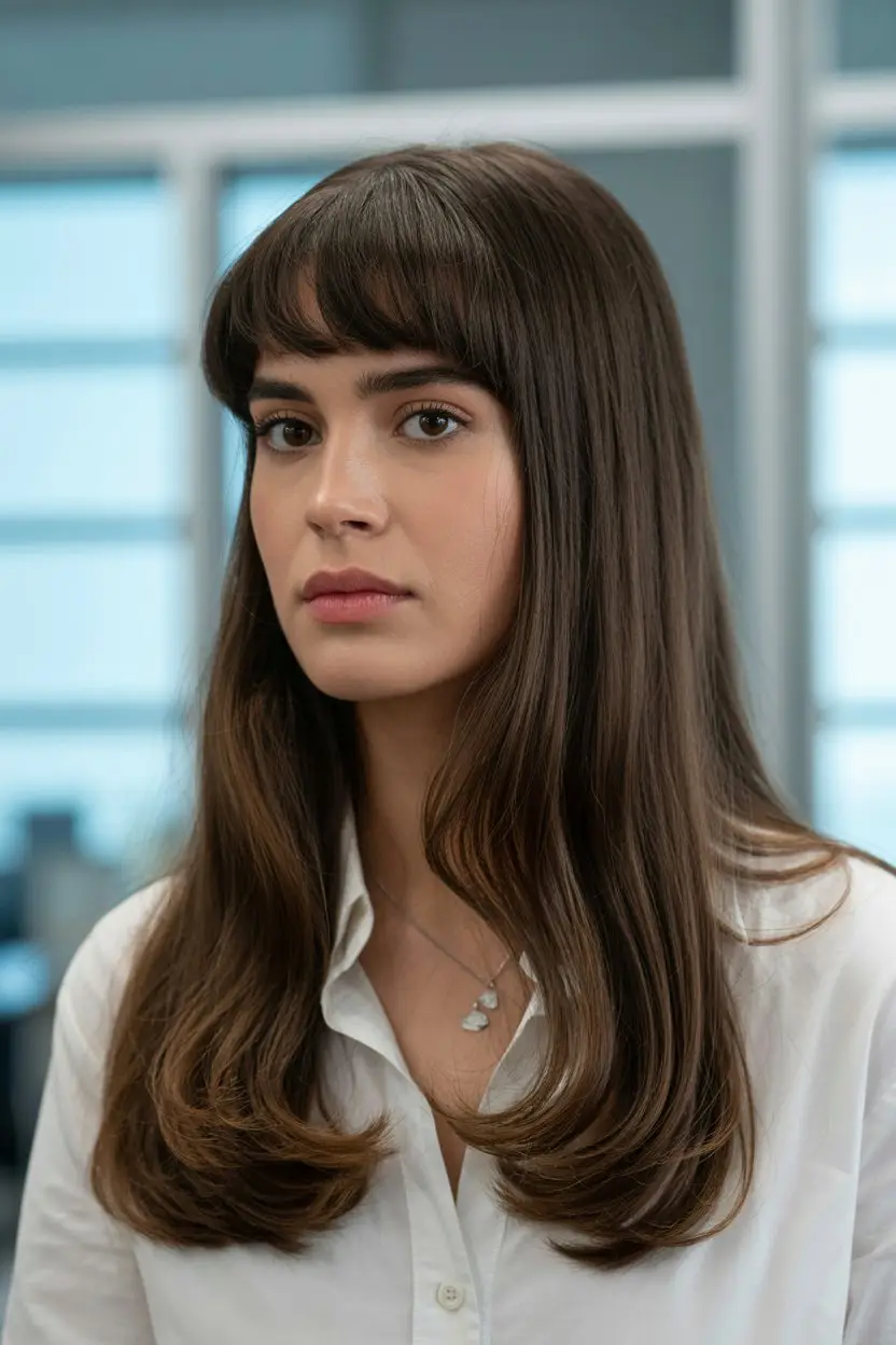 19 Polished Office Hairstyles: Sleek Looks That Mean Business 10 #9. Soft Curtain Bangs with Straight Hair
