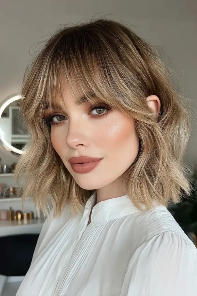 #9. Textured Lob with Soft Fringe and Honey Balayage