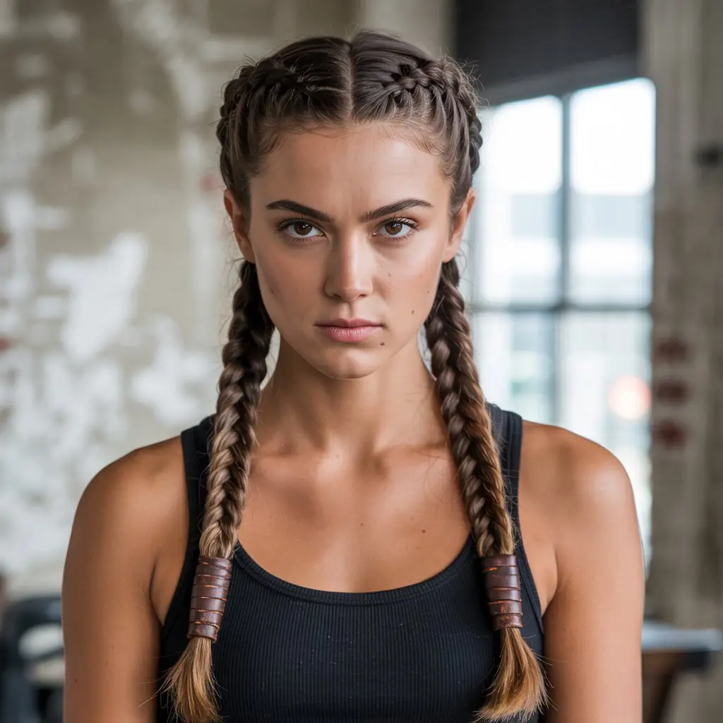 #9. The Double Dutch Braids with Leather Ties