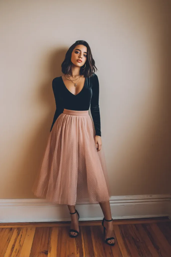 #9. Velvet Bodysuit with Tulle Midi Skirt