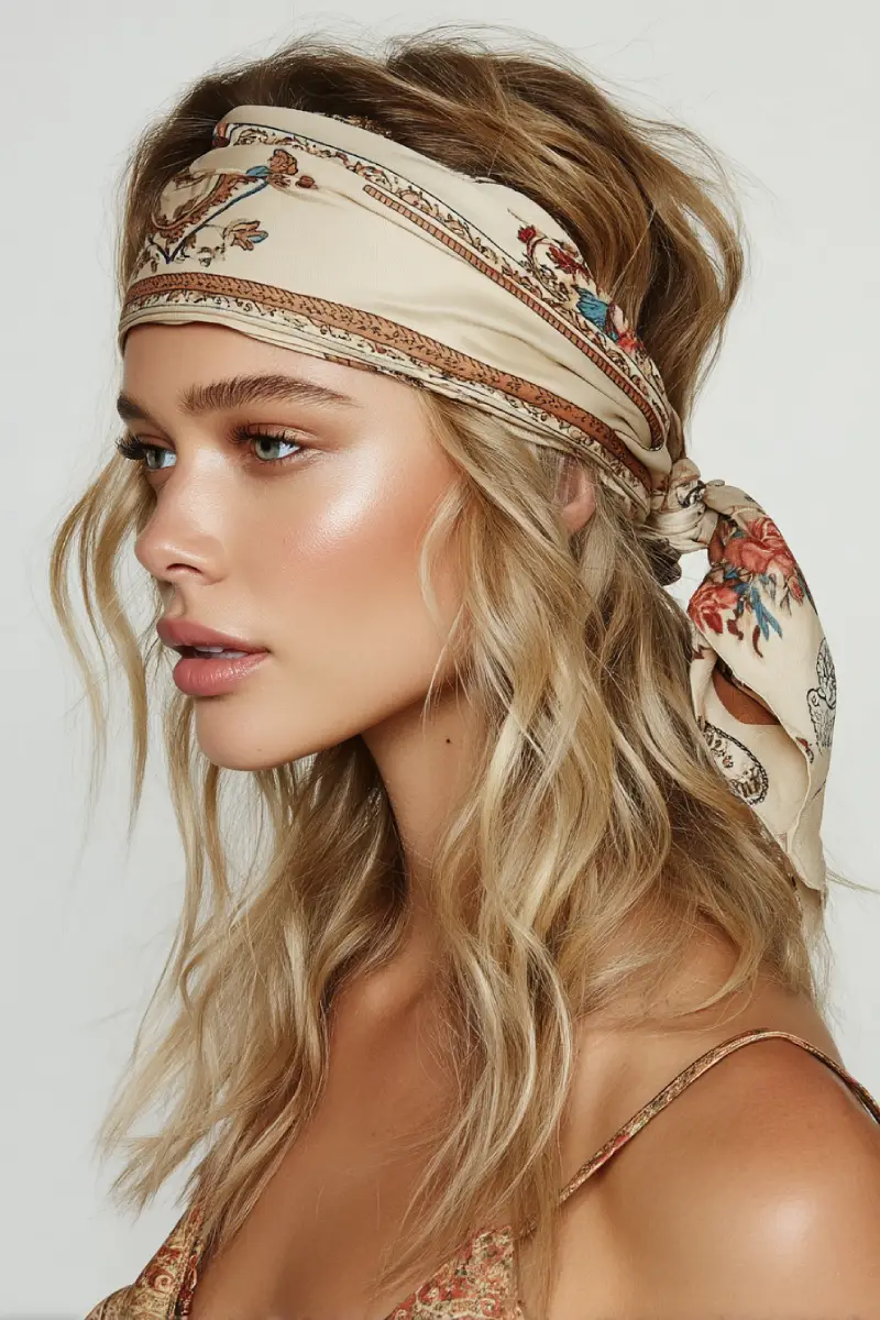 20 Bandana Hairstyles: Playful Looks to Refresh Your Everyday Style 10 Beachy Waves with Vintage-Inspired Wide Bandana