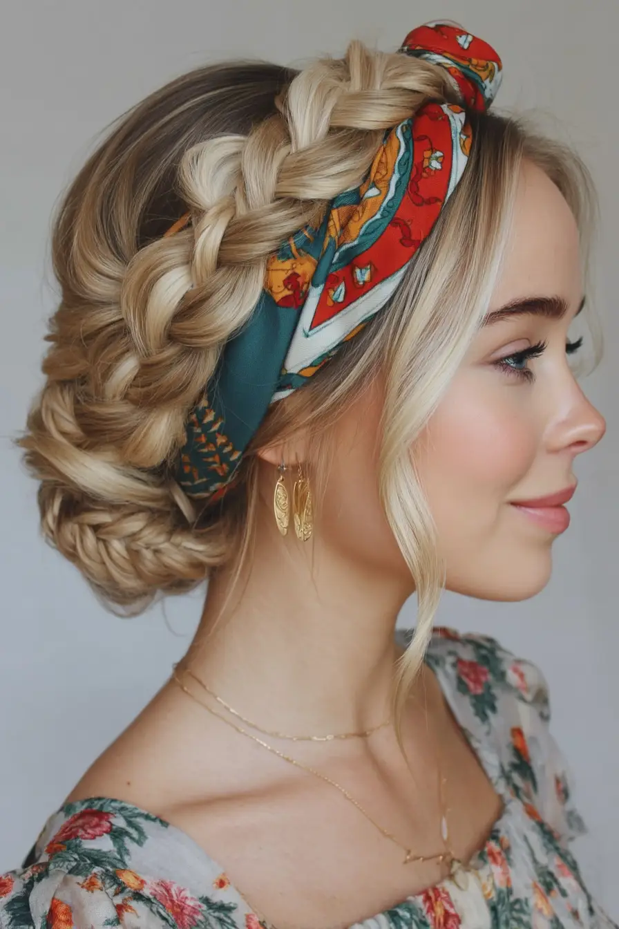 20 Bandana Hairstyles: Playful Looks to Refresh Your Everyday Style 4 Braided Crown Updo with Printed Bandana Accent