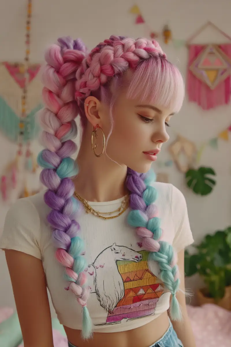 20 Stylish Hairstyles for Teenage Girls: Everyday Hair Inspo for School and Beyond 2 Candy-Colored Braided Pigtails with Blunt Bangs