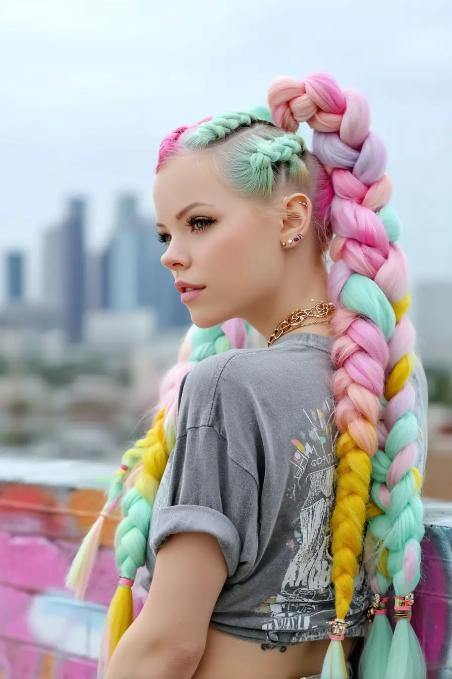 20 Stylish Hairstyles for Teenage Girls: Everyday Hair Inspo for School and Beyond 19 Chunky Rainbow Mohawk Braids with Pastel Punch
