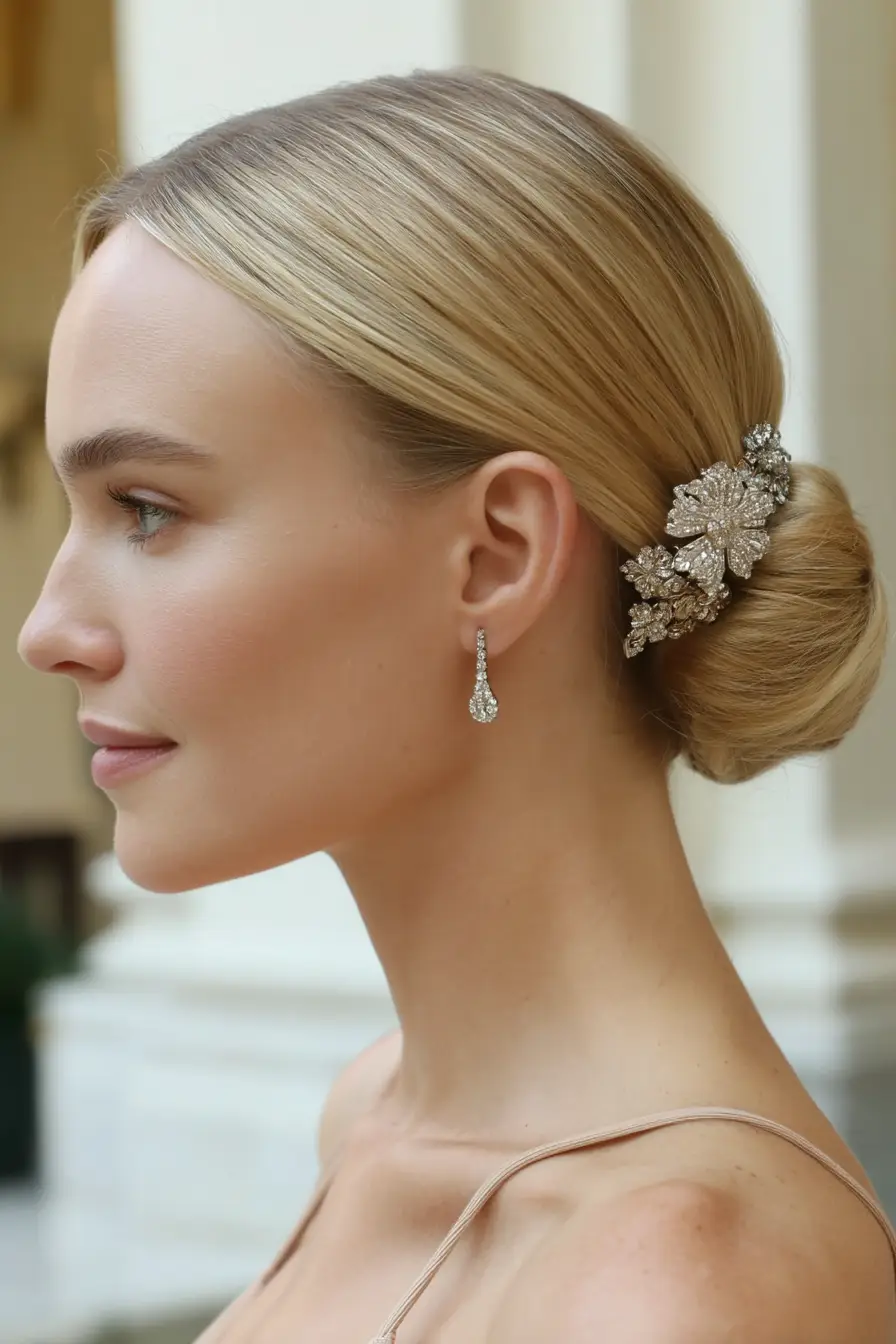 26 Bold Dance Hairstyles: Show-Stopping Styles for Stage and Studio 4 Classic Sleek Bun with Floral Crystal Clip