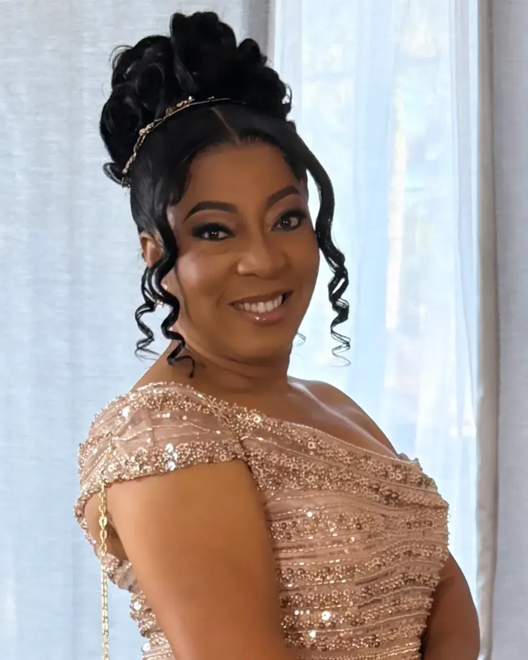 Curled Crown Updo with Glam Headband Detail