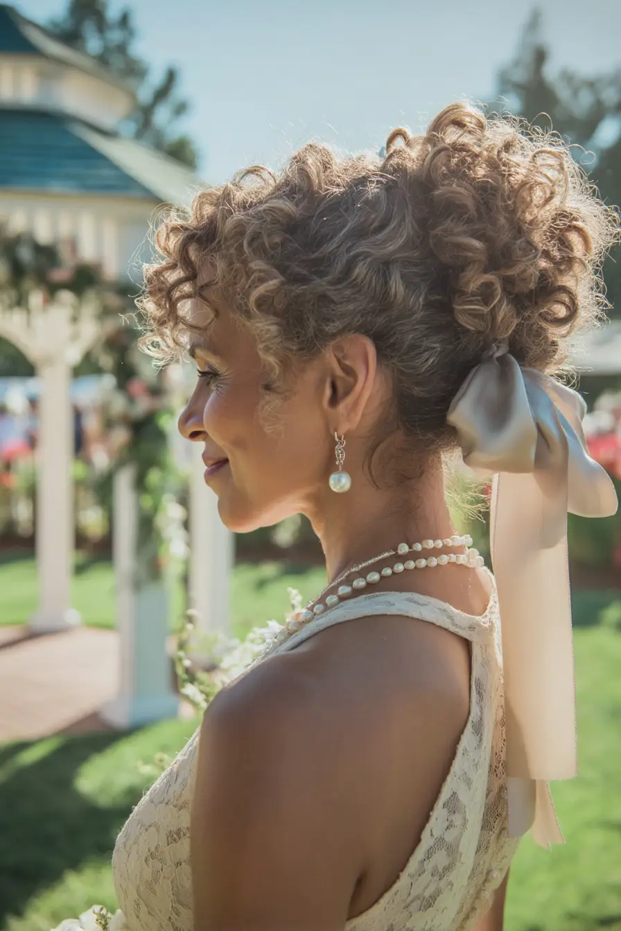 Curly High Updo with Silk Bow Accent