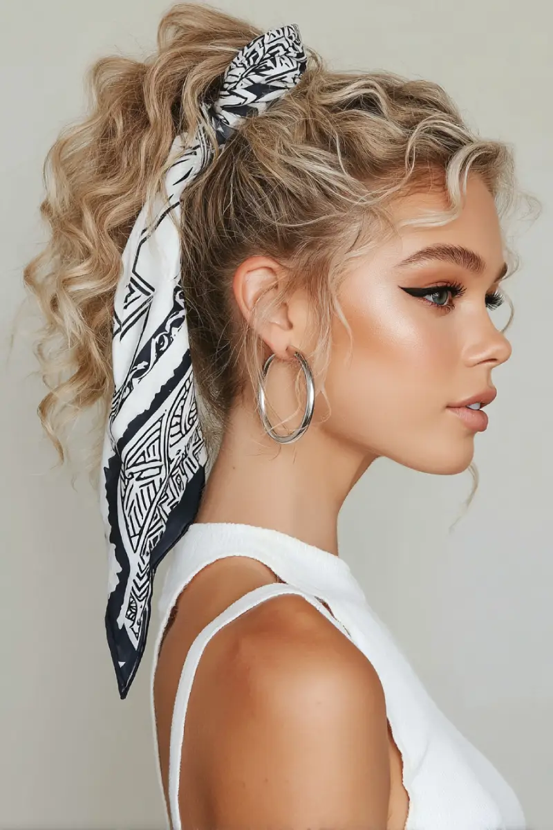 20 Bandana Hairstyles: Playful Looks to Refresh Your Everyday Style 9 Curly Ponytail with Graphic Monochrome Bandana