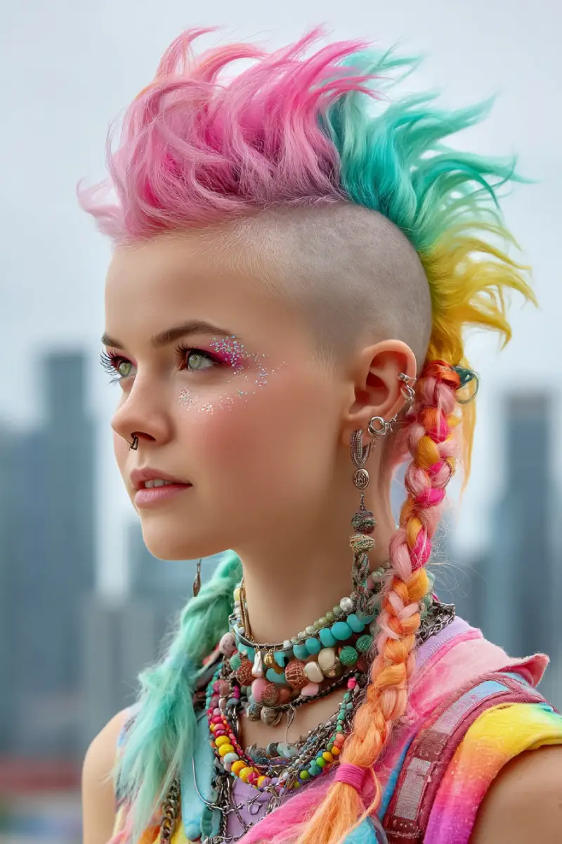 20 Stylish Hairstyles for Teenage Girls: Everyday Hair Inspo for School and Beyond 7 Electric Rainbow Mohawk with Shaved Sides