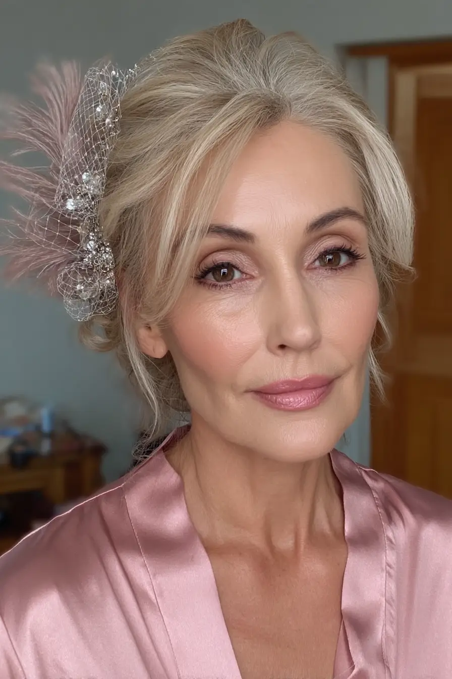 Elegant Tucked Chignon with Feathered Fascinator