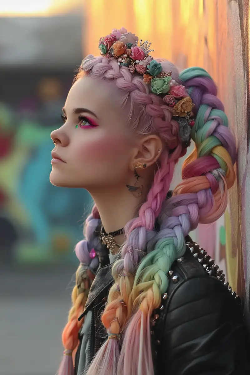 20 Stylish Hairstyles for Teenage Girls: Everyday Hair Inspo for School and Beyond 3 Fantasy Crown Braids with Rainbow Ombre Ends