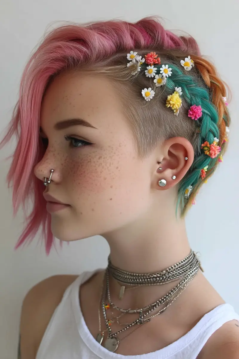 20 Stylish Hairstyles for Teenage Girls: Everyday Hair Inspo for School and Beyond 4 Floral Undercut Side Braid with Bubblegum Fringe