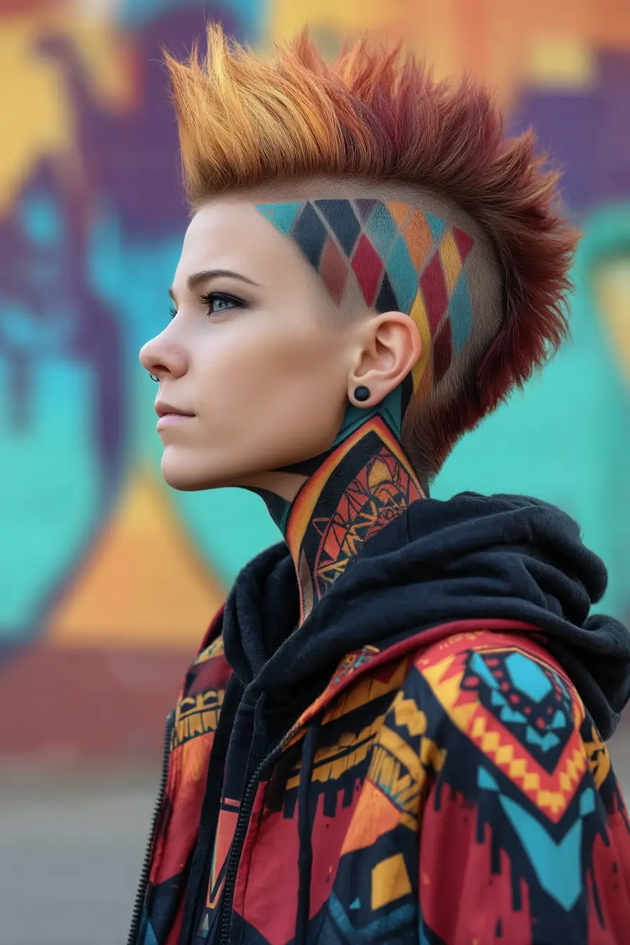 20 Stylish Hairstyles for Teenage Girls: Everyday Hair Inspo for School and Beyond 12 Geometric Fade Mohawk with Fire-Toned Spikes
