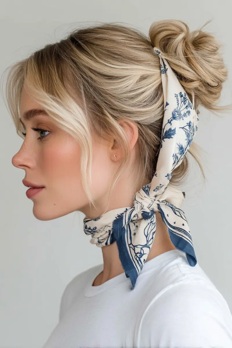 20 Bandana Hairstyles: Playful Looks to Refresh Your Everyday Style 12 Low Messy Bun with Botanical Bandana Wrap