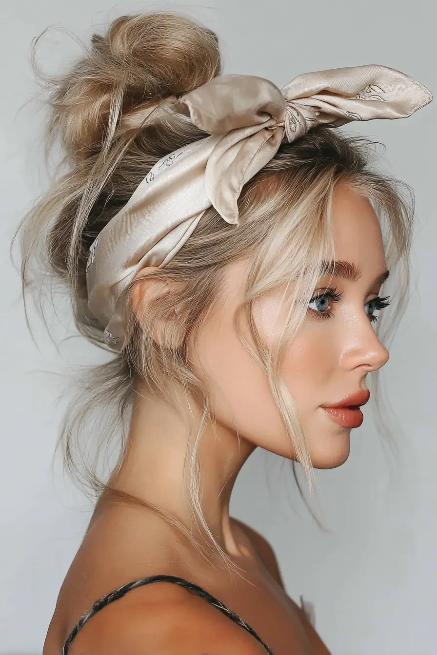 20 Bandana Hairstyles: Playful Looks to Refresh Your Everyday Style 13 Messy Top Knot with Champagne Satin Bandana