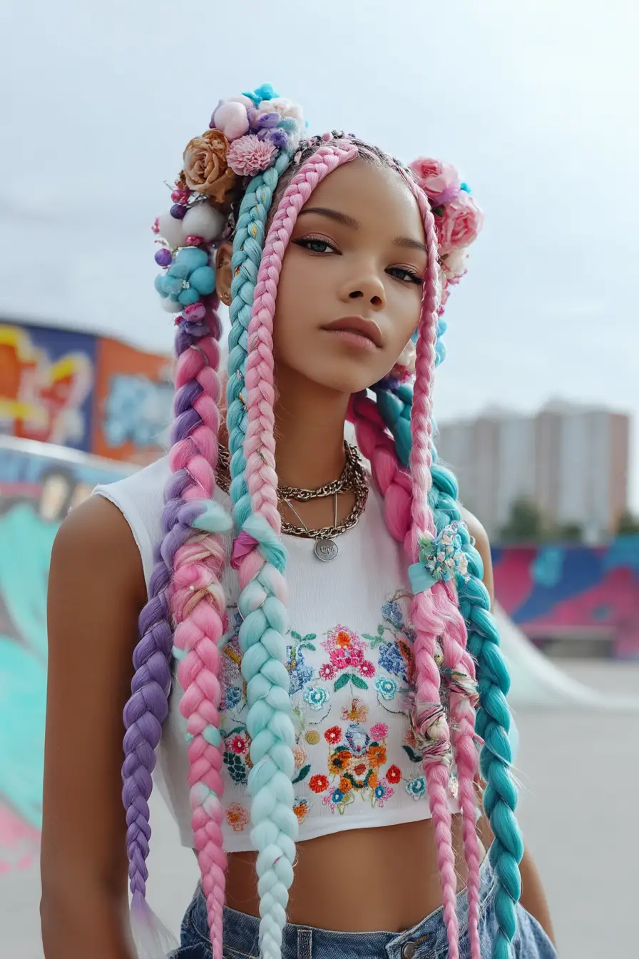 20 Stylish Hairstyles for Teenage Girls: Everyday Hair Inspo for School and Beyond 16 Pastel Chunky Braids with Floral Crowns and Candy Beads