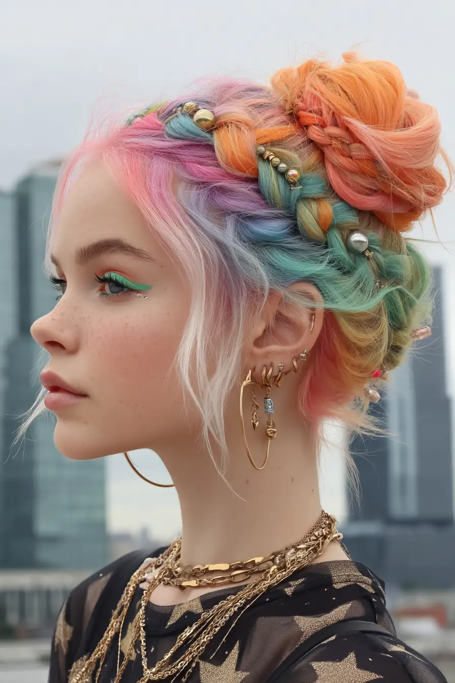 20 Stylish Hairstyles for Teenage Girls: Everyday Hair Inspo for School and Beyond 14 Pastel Rainbow Braided Bun with Beaded Details