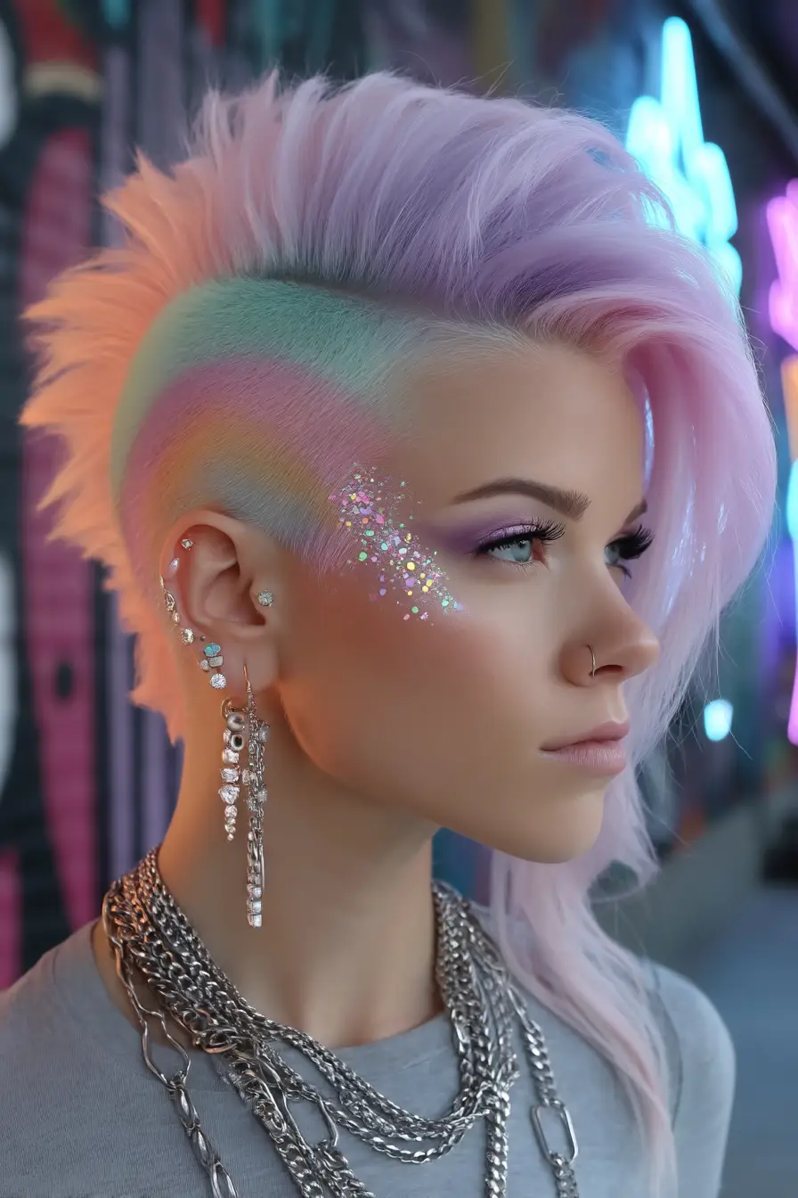 20 Stylish Hairstyles for Teenage Girls: Everyday Hair Inspo for School and Beyond 11 Pastel Rainbow Undercut Mohawk with Glitter Fade