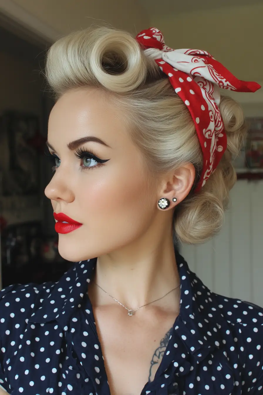 20 Bandana Hairstyles: Playful Looks to Refresh Your Everyday Style 14 Pin-Up Victory Rolls with Classic Red Bandana