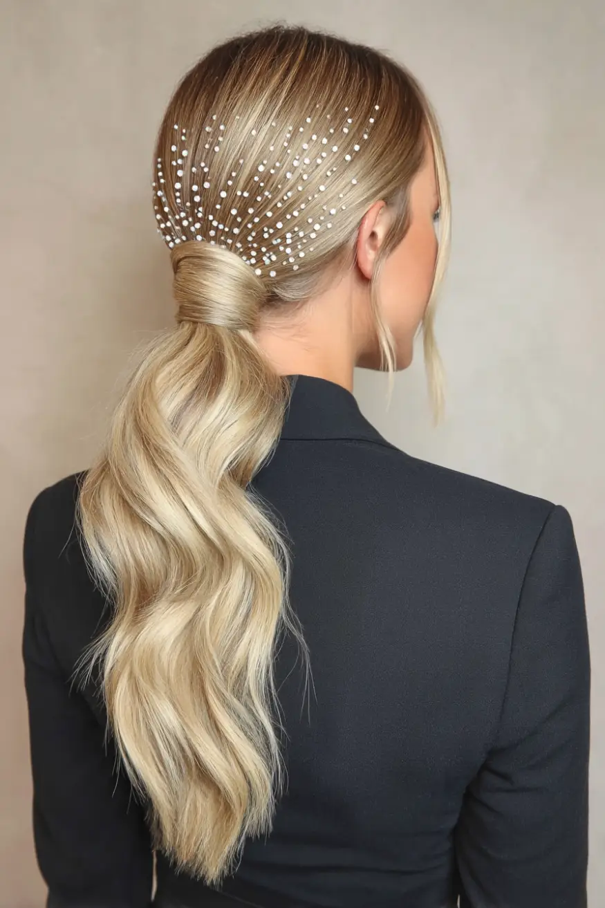 26 Bold Dance Hairstyles: Show-Stopping Styles for Stage and Studio 12 Polished Pearl-Dusted Low Ponytail