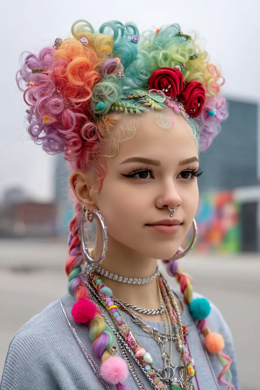 20 Stylish Hairstyles for Teenage Girls: Everyday Hair Inspo for School and Beyond 13 Rainbow Curly Updo with Pom-Pom Braids and Floral Accents
