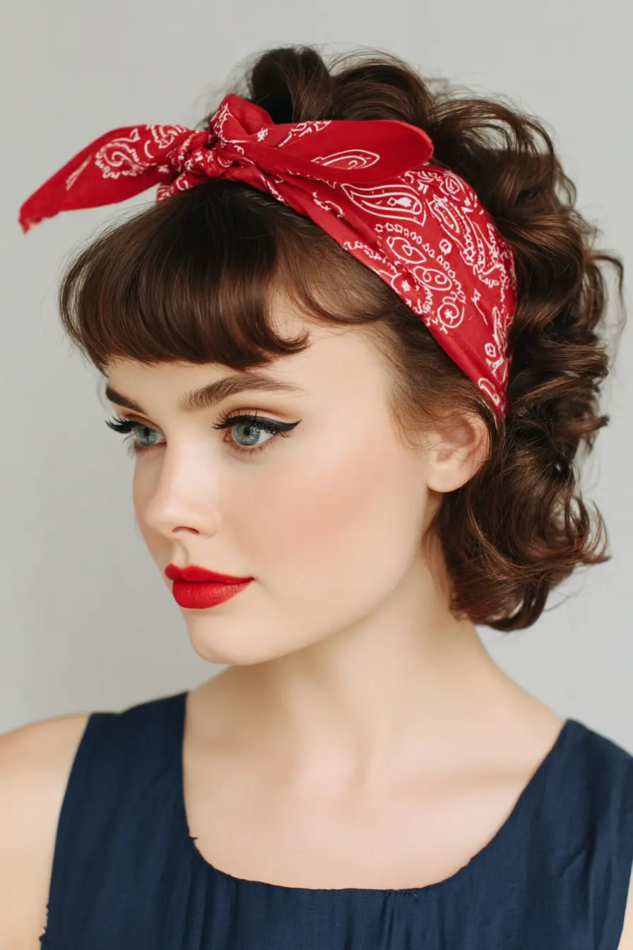 20 Bandana Hairstyles: Playful Looks to Refresh Your Everyday Style 2 Retro Curls with a Classic Red Bandana Twist