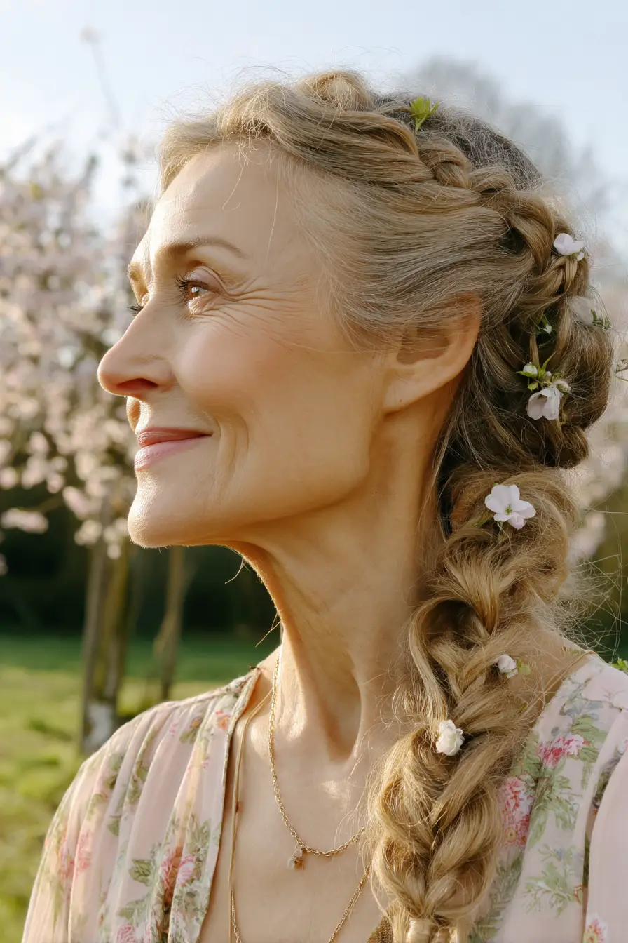 Romantic Side Braid with Blossomed Accents