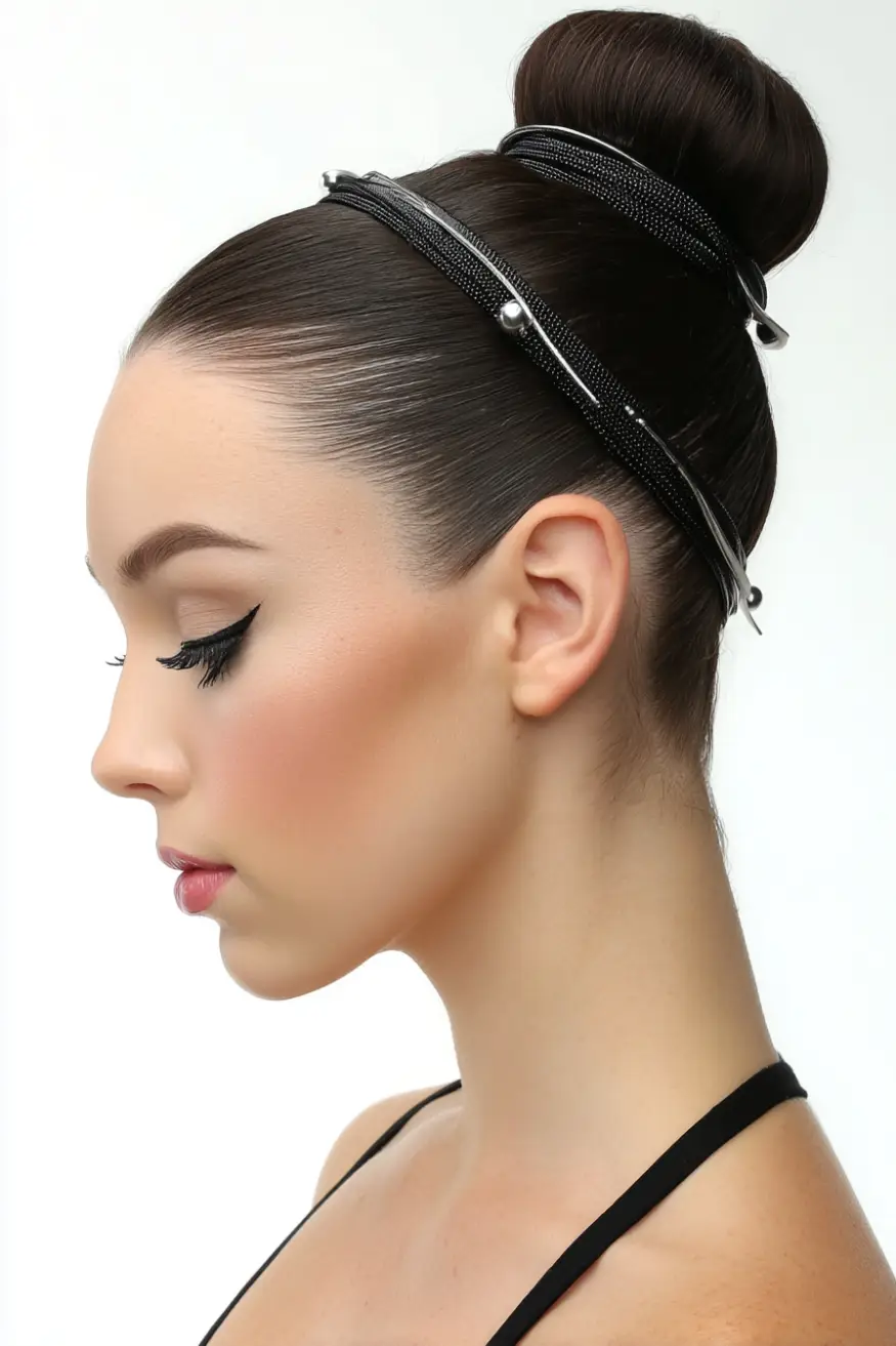 26 Bold Dance Hairstyles: Show-Stopping Styles for Stage and Studio 20 Sculpted Ballerina Bun with Futuristic Wrap Accent