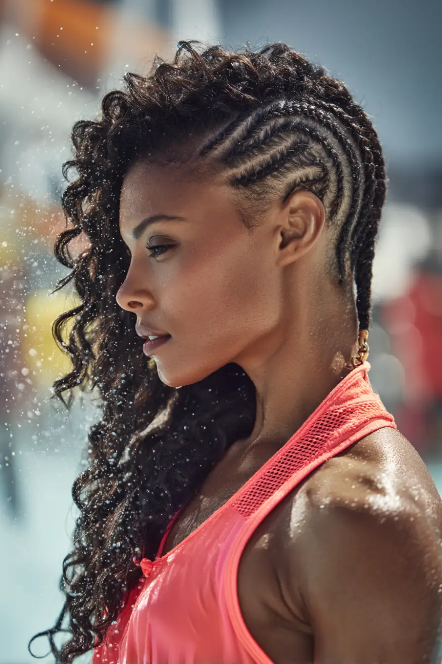 22 Refreshing Hairstyles for Swimming: Stylish Looks That Stay Put in the Water 23 Side Cornrow Braids with Free Curly Lengths