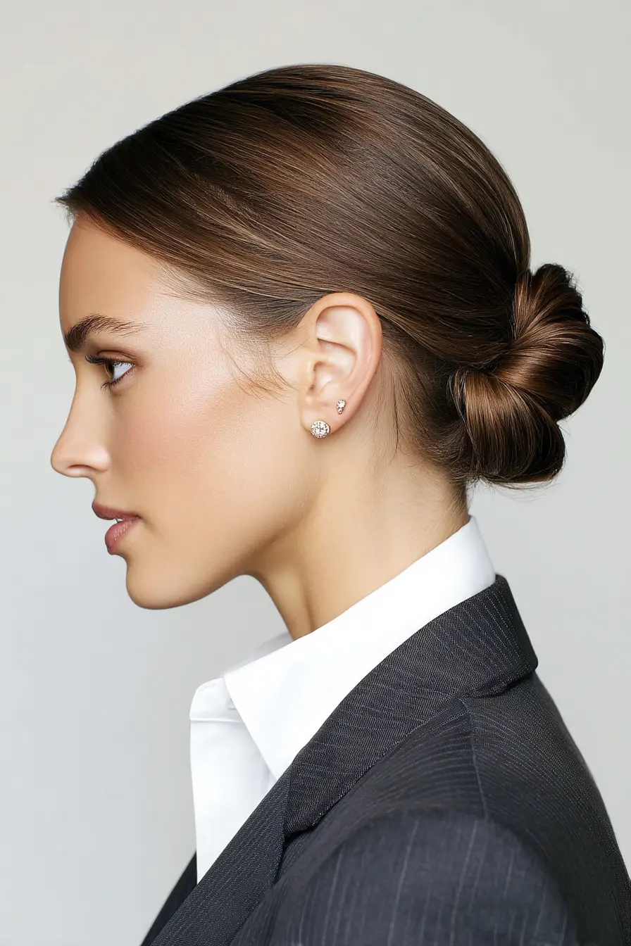 21 Stylish Hairstyles for Job Interviews: Sharp and Modern Looks to Stand Out 17 Sleek Low Bun with Center Part