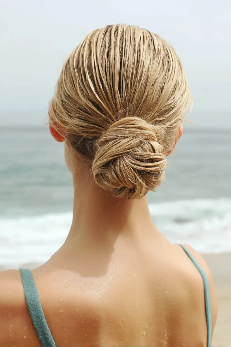 22 Refreshing Hairstyles for Swimming: Stylish Looks That Stay Put in the Water 4 Sleek Low Twist Bun for Wet Hair
