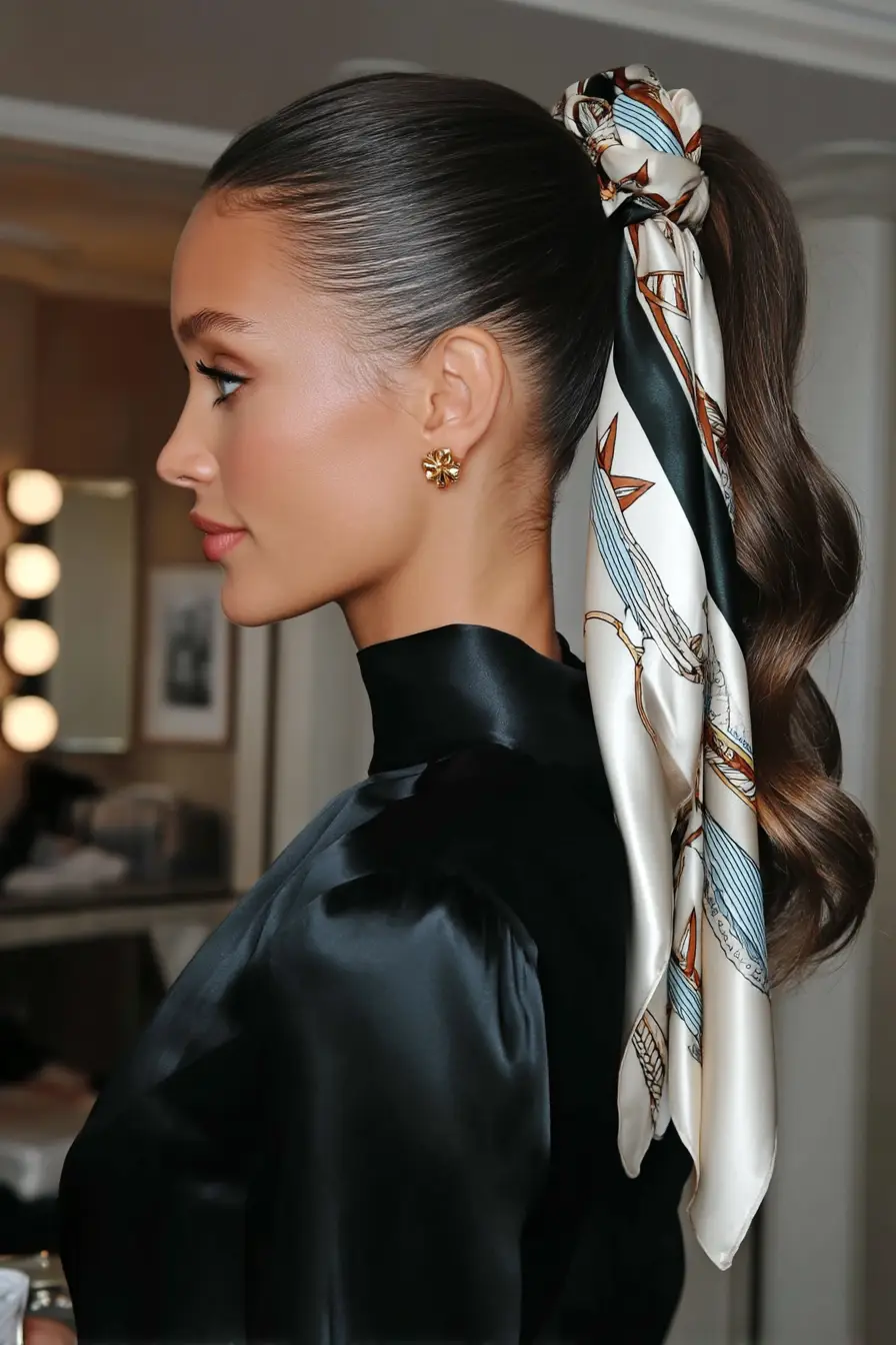 20 Bandana Hairstyles: Playful Looks to Refresh Your Everyday Style 5 Sleek Ponytail with Flowing Silk Bandana