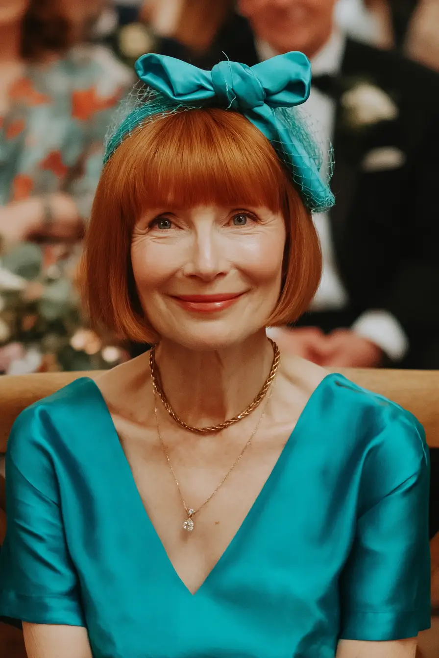 Sleek Red Bob with Teal Bow Fascinator