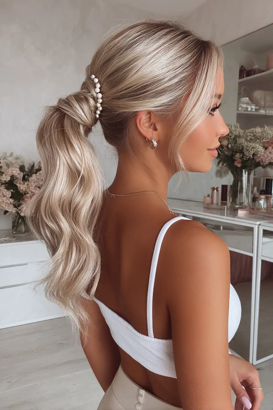 26 Bold Dance Hairstyles: Show-Stopping Styles for Stage and Studio 8 Soft Waves High Ponytail with Pearl Wrap