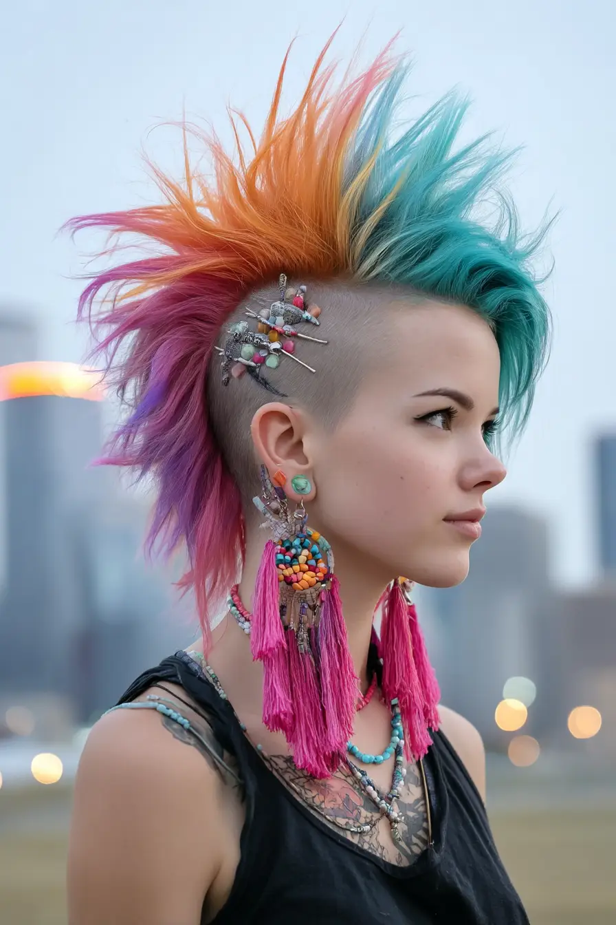 20 Stylish Hairstyles for Teenage Girls: Everyday Hair Inspo for School and Beyond 15 Spiked Rainbow Mohawk with Beaded Hairpins