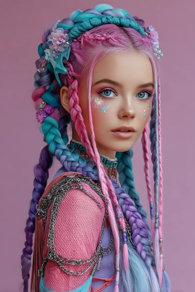20 Stylish Hairstyles for Teenage Girls: Everyday Hair Inspo for School and Beyond 6 Starry Pastel Braids with Beads and Space Princess Vibes