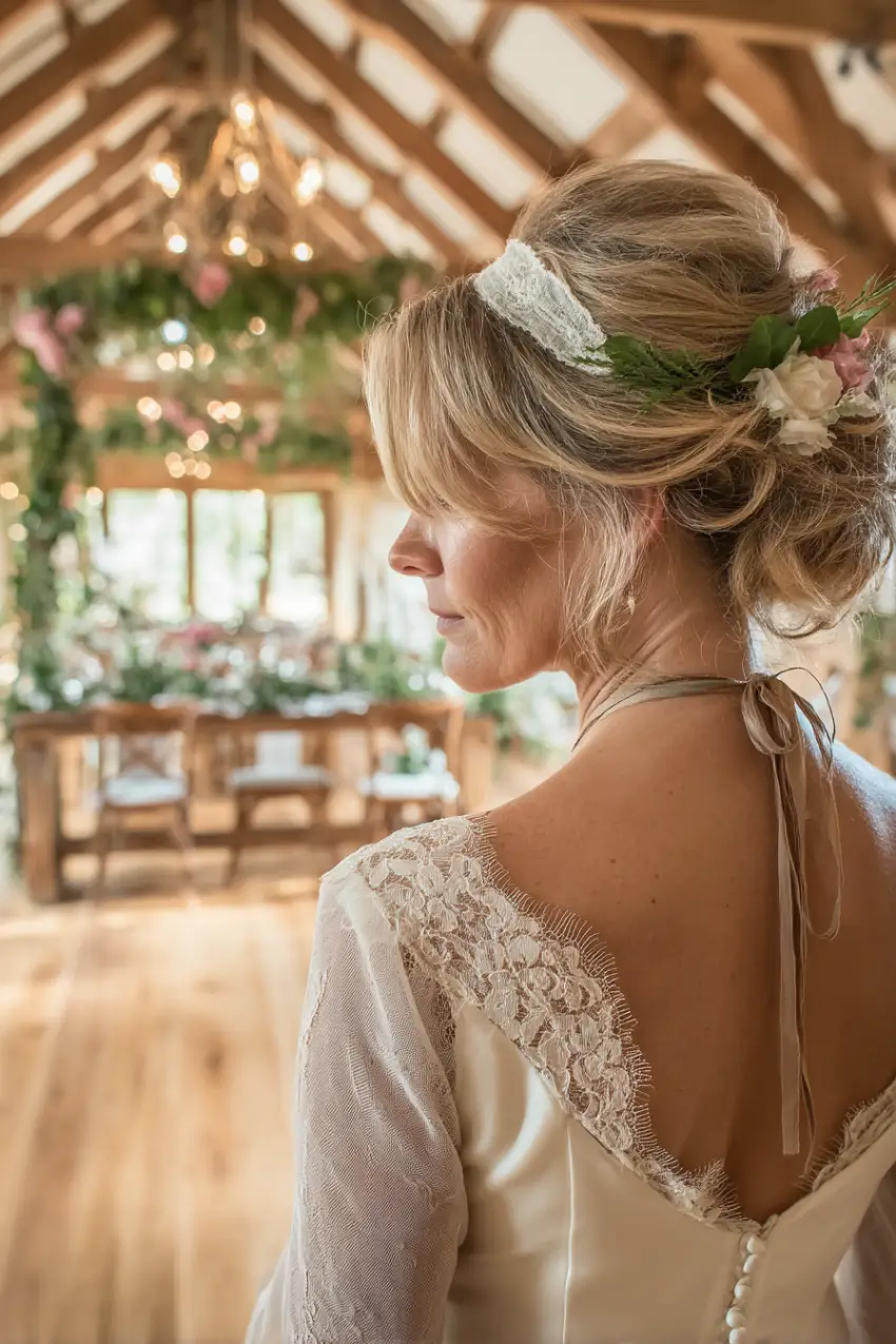 Textured Chignon with Lace Headband and Floral Accents