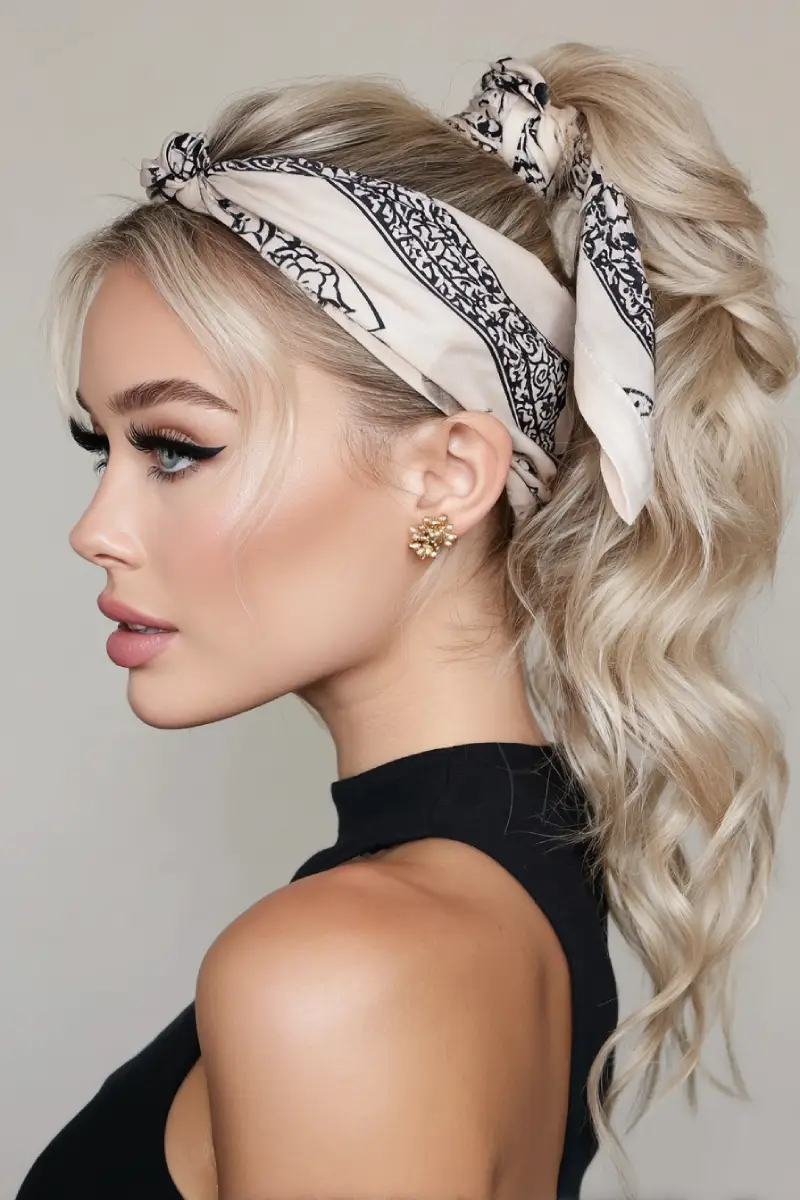20 Bandana Hairstyles: Playful Looks to Refresh Your Everyday Style 8 Textured High Ponytail with Knotted Cream Bandana