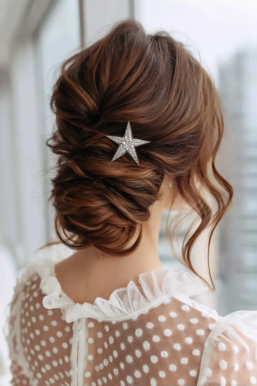 26 Bold Dance Hairstyles: Show-Stopping Styles for Stage and Studio 14 Textured Low Chignon with Star Crystal Clip