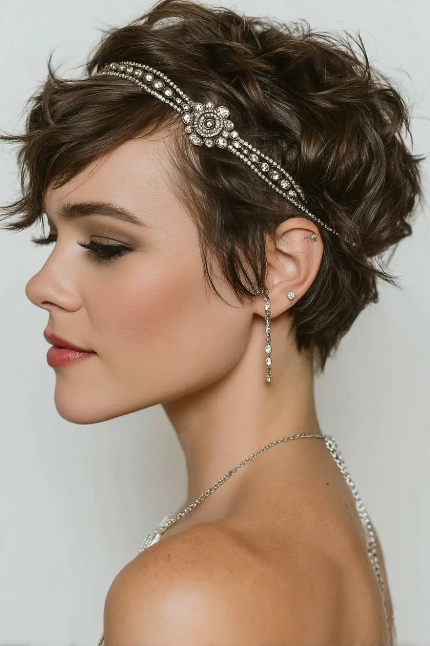 26 Bold Dance Hairstyles: Show-Stopping Styles for Stage and Studio 19 Tousled Pixie with Vintage Gem Headband