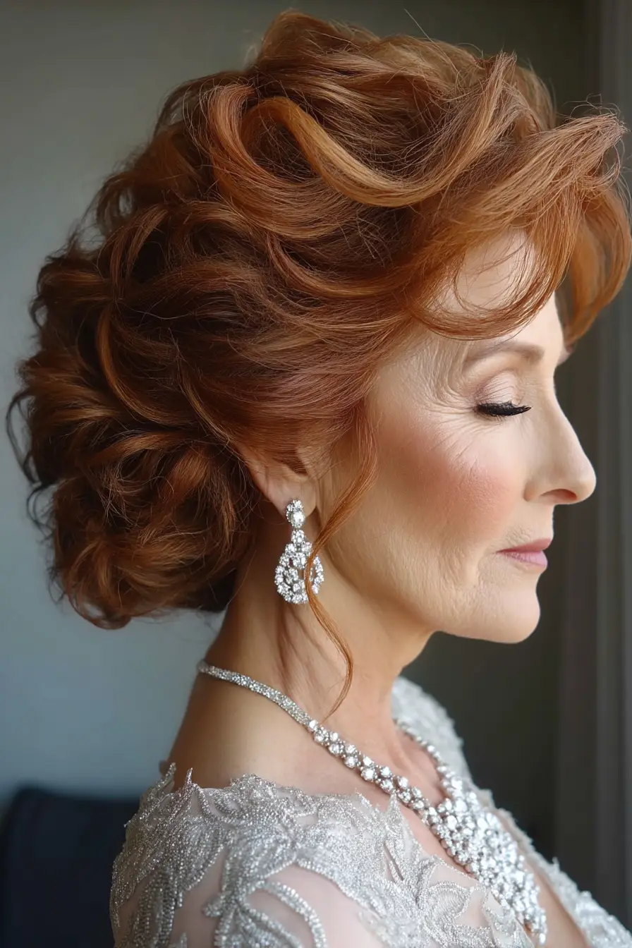 Voluminous Auburn Updo with Soft Curls